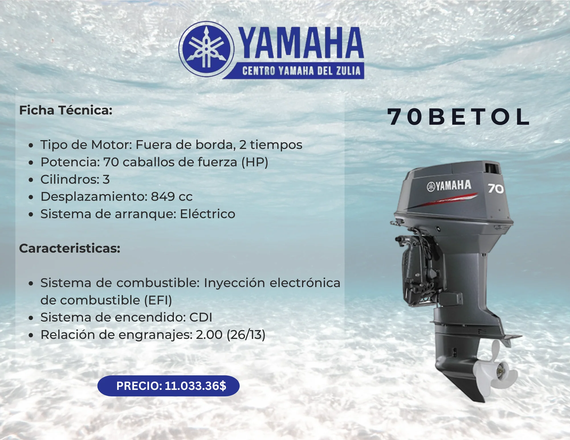 70HP MOTOR FUERA DE BORDA YAMAHA 70BETOL - Image 2